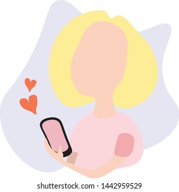 Girl with a phone in a flat style. Blonde in pink with a phone in her hand, place for text, hearts. Mother's Day, March 8, Valentine's Day