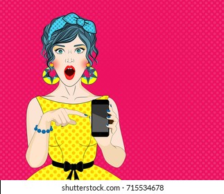 Girl with phone in the hand in comic style. Woman with smartphone. Hipster girl. Digital advertisement.Woman with phone. Vector illustration.
