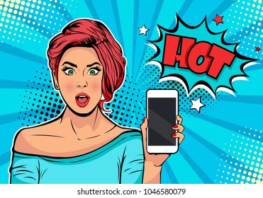Girl with phone in the hand and discription Hot. Woman with smartphone. Digital advertisement.  Some news or sale concept. Wow, omg emotion. Cartoon comic vector illustration in pop art retro style.
