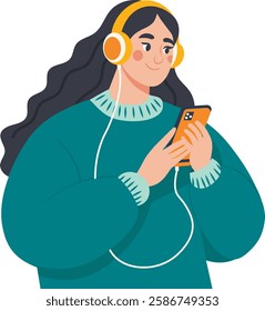 Girl with phone in hand listening to music, flat vector illustration