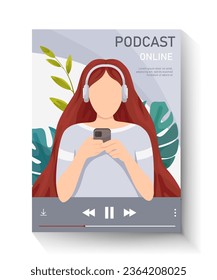 a girl with a phone and headphones listening to a podcast