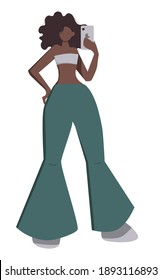 a girl with a phone in her hands who takes a selfie. She wears flared jeans and a white top. A simple and flat style of illustration.