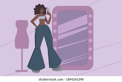 a girl with a phone in her hands who takes a selfie. She wears flared jeans and a white top. A simple and flat style of illustration.