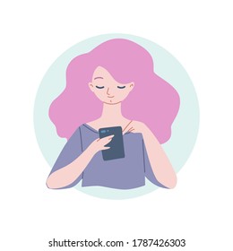Girl with a phone. Illustration of a young girl looking at a mobile phone. Vector 8 EPS.