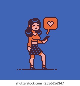 Girl with phone and like, teenager and student pixel art character. Young  woman holding smartphone. Isolated vector illustration.