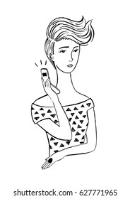 Girl with phone. Linear vector graphics. Hand-drawn illustration