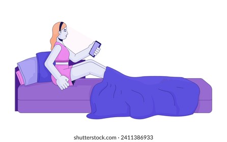 Girl with phone in messy bed 2D linear cartoon character. Blonde caucasian woman holding smartphone isolated line vector person white background. Doomscrolling cellphone color flat spot illustration