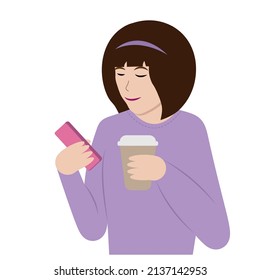 Girl with a phone in one hand and coffee in the other, a flat vector on a white background, blogger, opinion leader, influential person
