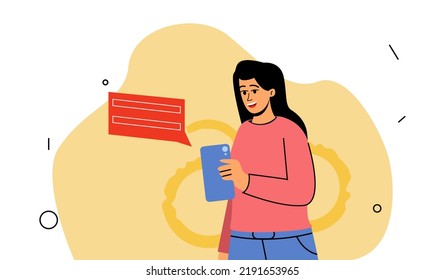 A girl with a phone, online communication. Chat with friends, family online