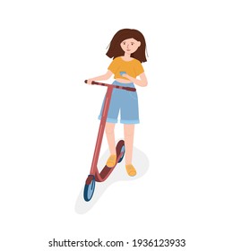 girl, phone and scooter. teenage stands on scooter and holds smartphone in her hand. concept of stop, online ordering, find a way or rest. flat character on white background