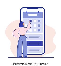 girl with phone searching date in calendar to-do list blue pink
