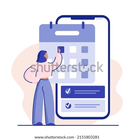 girl with phone searching date in calendar to-do list blue pink