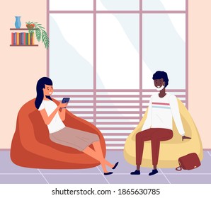 A girl with a phone sits on a soft pouf. African american man in medical mask talking to a woman. Female character chatting or watching news on her smartphone. Guy communicates with his friend