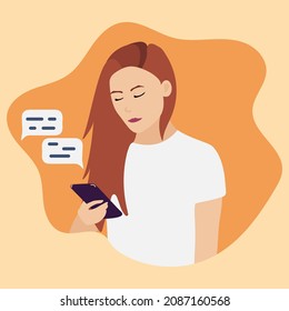 Girl with phone. Vector illustration for online shopping. Chatting