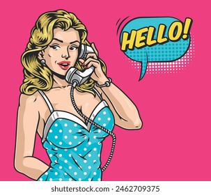 Girl with phone vintage flyer colorful with attractive lady saying hello standing in seductive clothes in comic style vector illustration