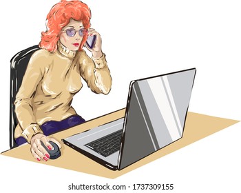 Girl with a phone works near a laptop. Freehand drawing in watercolor style. Vector image.