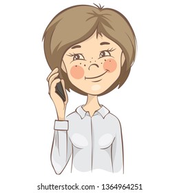 Girl with phone. Young woman takes a phone call, vector illustration.