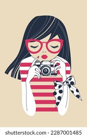 girl photo stripes vector print