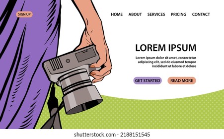 Girl photographer with a camera. Photo studio lesson. Photography course. Design template for banner, website. Vector pop art illustration hand drawn on a white background