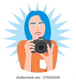 A Girl Photographer With Cyan Hair, Blue Eyes, In An Orange Blouse Holds A Black Camera And Looks Forward. Vector Drawing Of A Woman Photojournalist On A Background Of Blue Flash