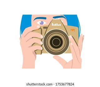 A Girl Photographer With Cyan Hair, Purple Eyes Holds A Khaki Camera And Looks Forward. Vector Drawing Of A Woman Photojournalist On A White Background