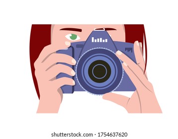 A Girl Photographer With Dark Red Hair, Green Eyes Holds A Violet Camera And Looks Forward. Vector Drawing Of A Woman Photojournalist On A White Background