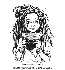 girl photographer with dreads, line art vector illustration, black on white background, isolated