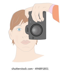 girl photographer looks through the camera lens. vector illustration