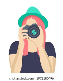 Girl photographer with photo camera. Simple, flat, minimalism for designs in retro and other styles. Vector illustration. 
