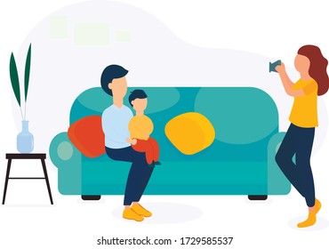 Girl photographer takes pictures of the family at home. Family photo session. The father holds his son in his arms. Family photo content. Vector illustration in flat style.