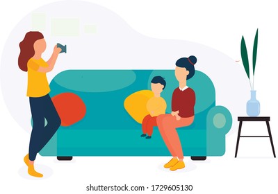 Girl photographer takes pictures of the family at home. Family photo session. The mother and son. Family photo content. Vector illustration in flat style.