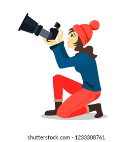 Girl photographer in winter clothes takes pictures. Illustration in style of flat on white background