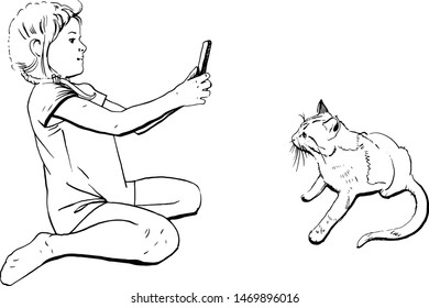 girl photographing a cat on a smartphone selfie vector