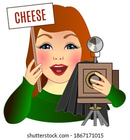 girl photographs with an old vintage camera on a tripod with flash and curtain and she holding a sign saying Cheese, color emoticon 