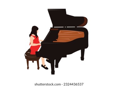 A Girl Pianist plays on a grand acoustic piano. Editable Clip Art.