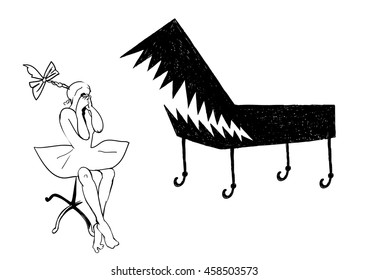 Girl and a piano. Clever and funny illustration, creative work, done manually.