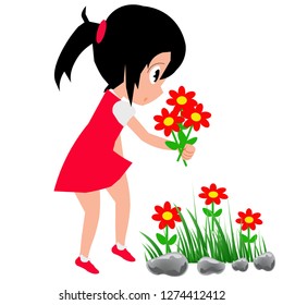 The girl pick up many red flowers.