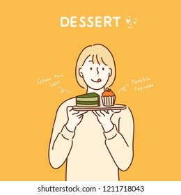 A girl is picking up a cake plate and returning to her appetite. hand drawn style vector design illustrations.