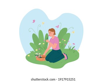 Girl picking up flowers 2D vector web banner, poster. Outdoor recreation. Smiling woman sniffing daisies flat character on cartoon background. Spring blossom printable patch, colorful web element