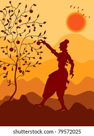 Girl picking Fruit from tree, Shadow Art