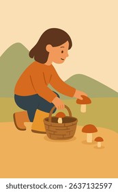 Girl picking mushrooms in a basket. Vector stock illustration eps10.