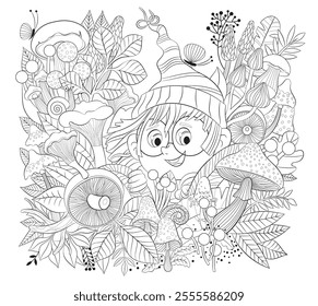 Girl picking mushrooms in a clearing. Fun coloring book for kids. Vector illustration