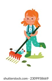 Girl picking up trash with a rake Vector Illustration