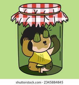 Girl In The Pickle Jar That Made By Fermentation Herself For Probiotic Benefits Concept Card Character illustration