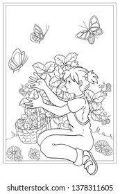 Girl picks berries. Black and white vector illustration for coloring book
