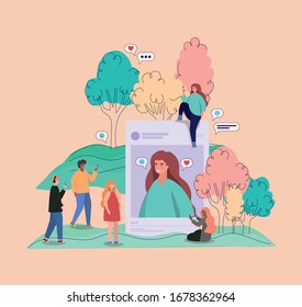 Girl picture trees bubbles and people with smartphones design, Youth culture cool person human profile and user theme Vector illustration