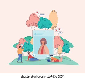 Girl picture trees bubbles and people with smartphones design, Youth culture cool person human profile and user theme Vector illustration