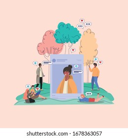Girl picture trees bubbles and people with smartphones design, Youth culture cool person human profile and user theme Vector illustration