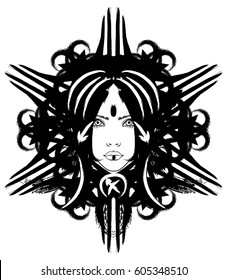 Girl with piercing eyes, symbolizes the zodiac sign Sagittarius