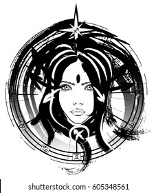Girl with piercing eyes, symbolizes the zodiac sign Sagittarius